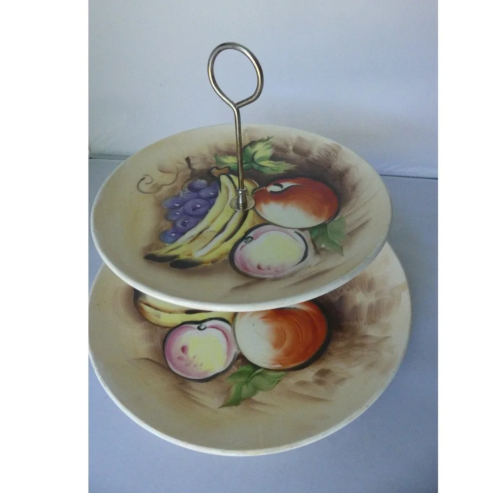 Vintage 2 Tier Ceramic Serving Stand Hand Painted Fruit Motif Appetizer Tray